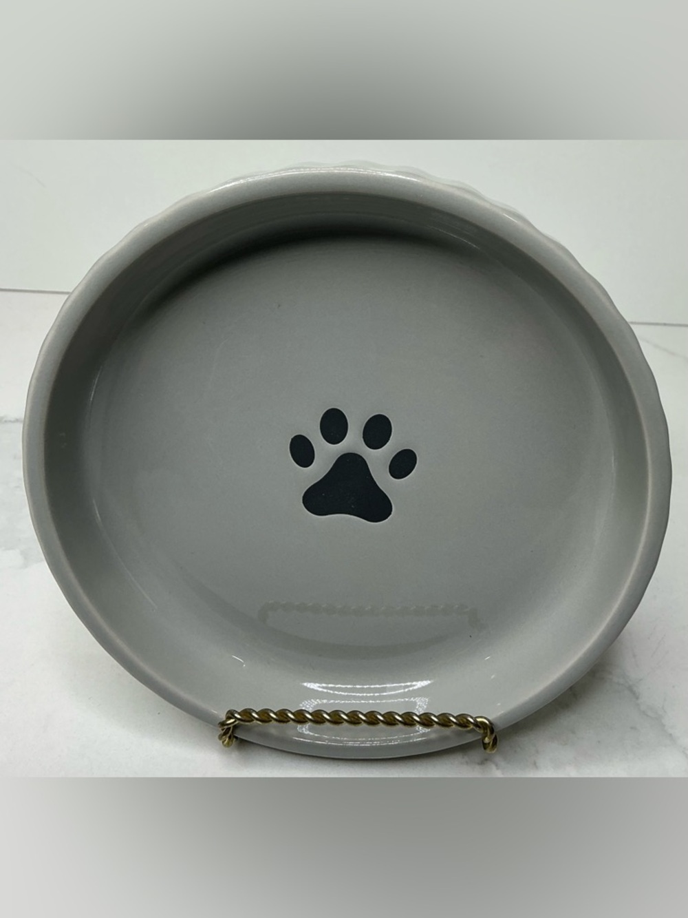 Gray Ceramic Pet Bowl with Black Paw Print